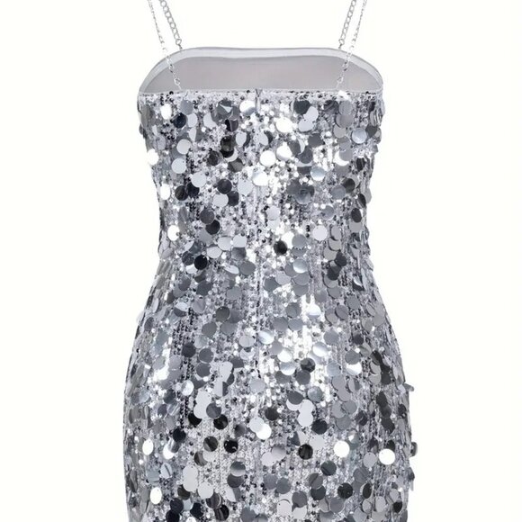 Sequin Chain Strap Mini Dress (Silvery Grey) - Picture 3 of 14